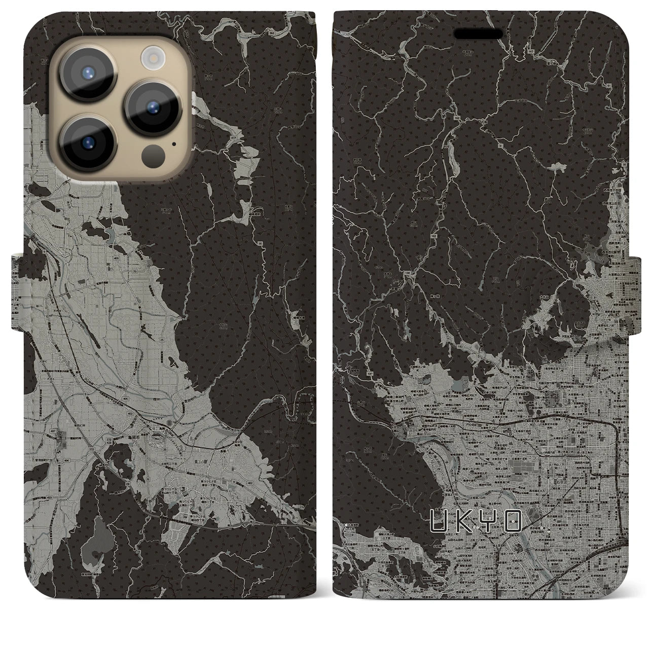 【右京(京都府)】地図柄iPhoneケース(手帳タイプ)モノトーン・iPhone 14 Pro Max 用