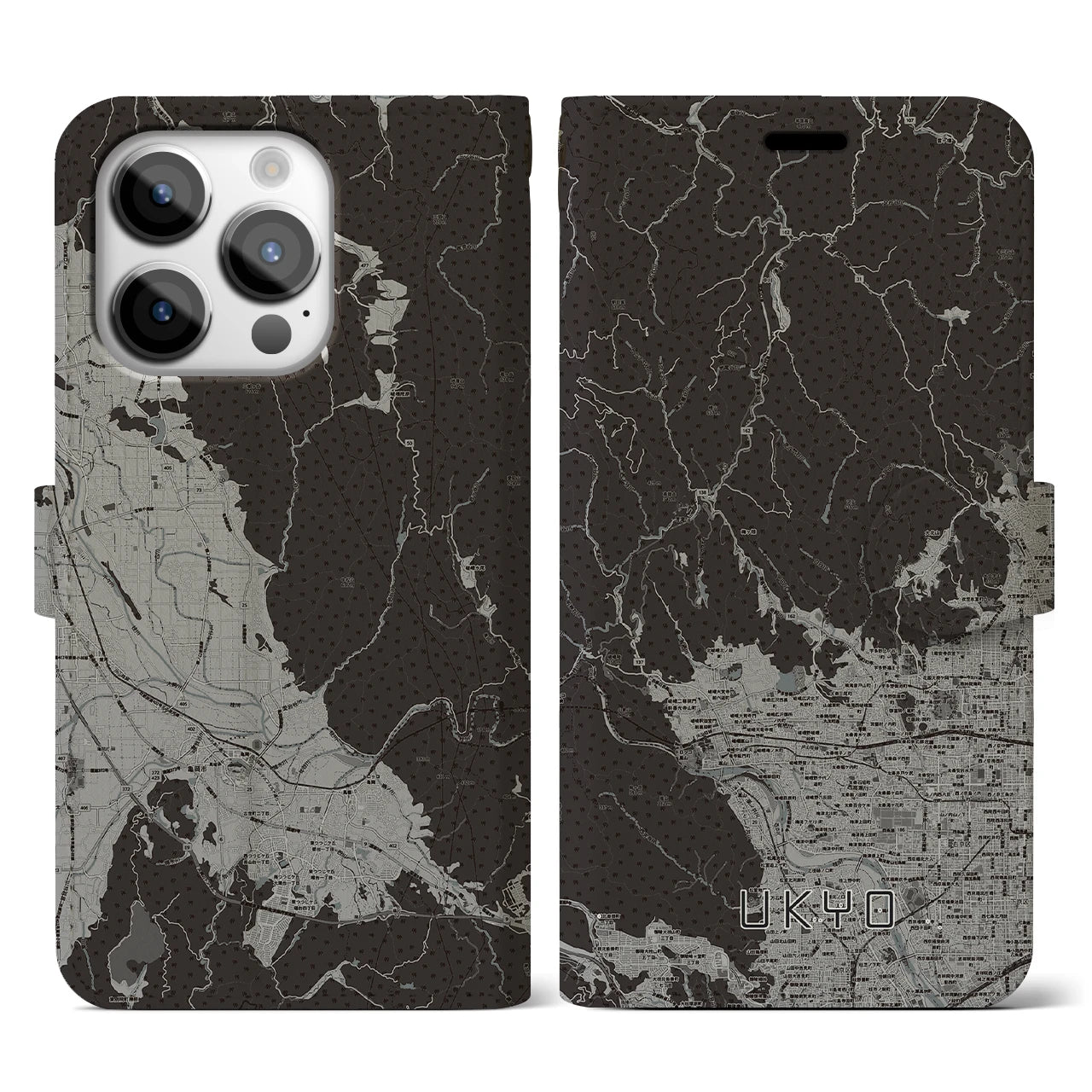 【右京(京都府)】地図柄iPhoneケース(手帳タイプ)モノトーン・iPhone 14 Pro 用