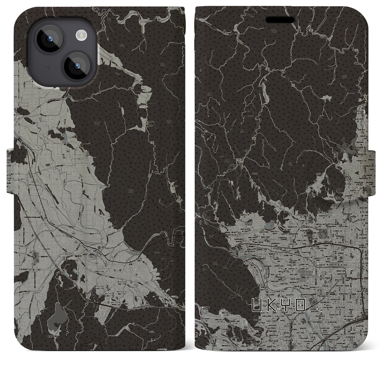 【右京(京都府)】地図柄iPhoneケース(手帳タイプ)モノトーン・iPhone 14 Plus 用