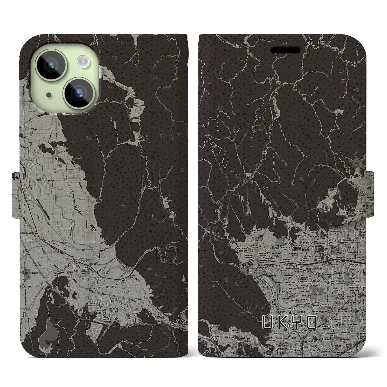 【右京(京都府)】地図柄iPhoneケース(手帳タイプ)モノトーン・iPhone 15 用