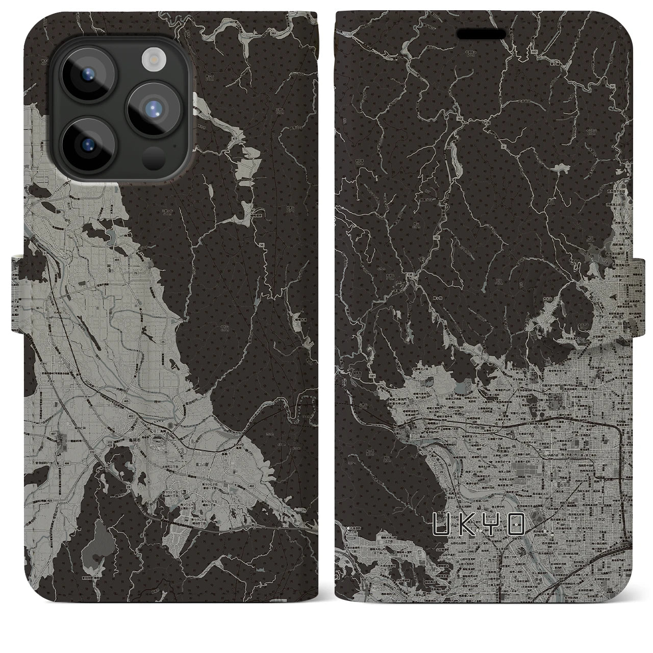 【右京(京都府)】地図柄iPhoneケース(手帳タイプ)モノトーン・iPhone 15 Pro Max 用