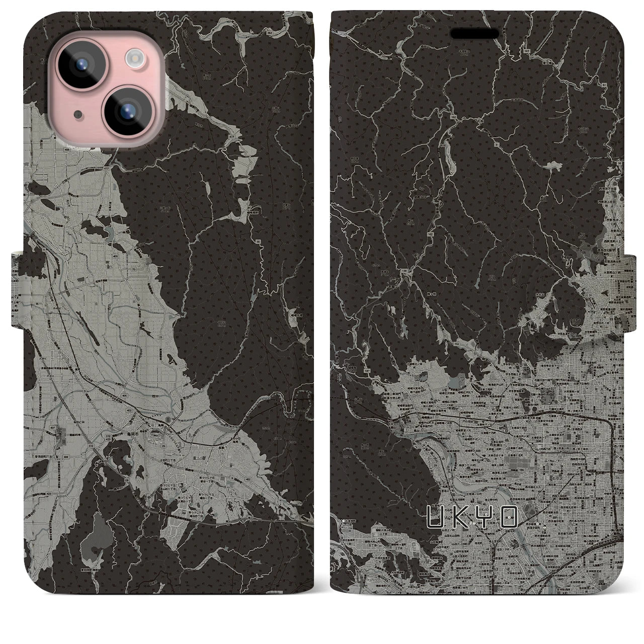 【右京(京都府)】地図柄iPhoneケース(手帳タイプ)モノトーン・iPhone 15 Plus 用