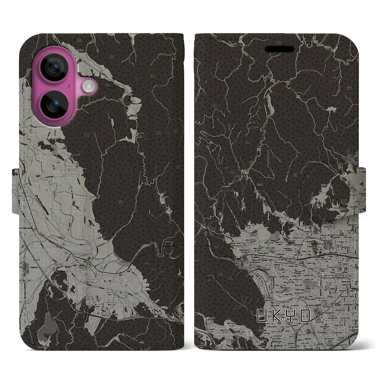 【右京(京都府)】地図柄iPhoneケース(手帳タイプ)モノトーン・iPhone 16 Pro 用