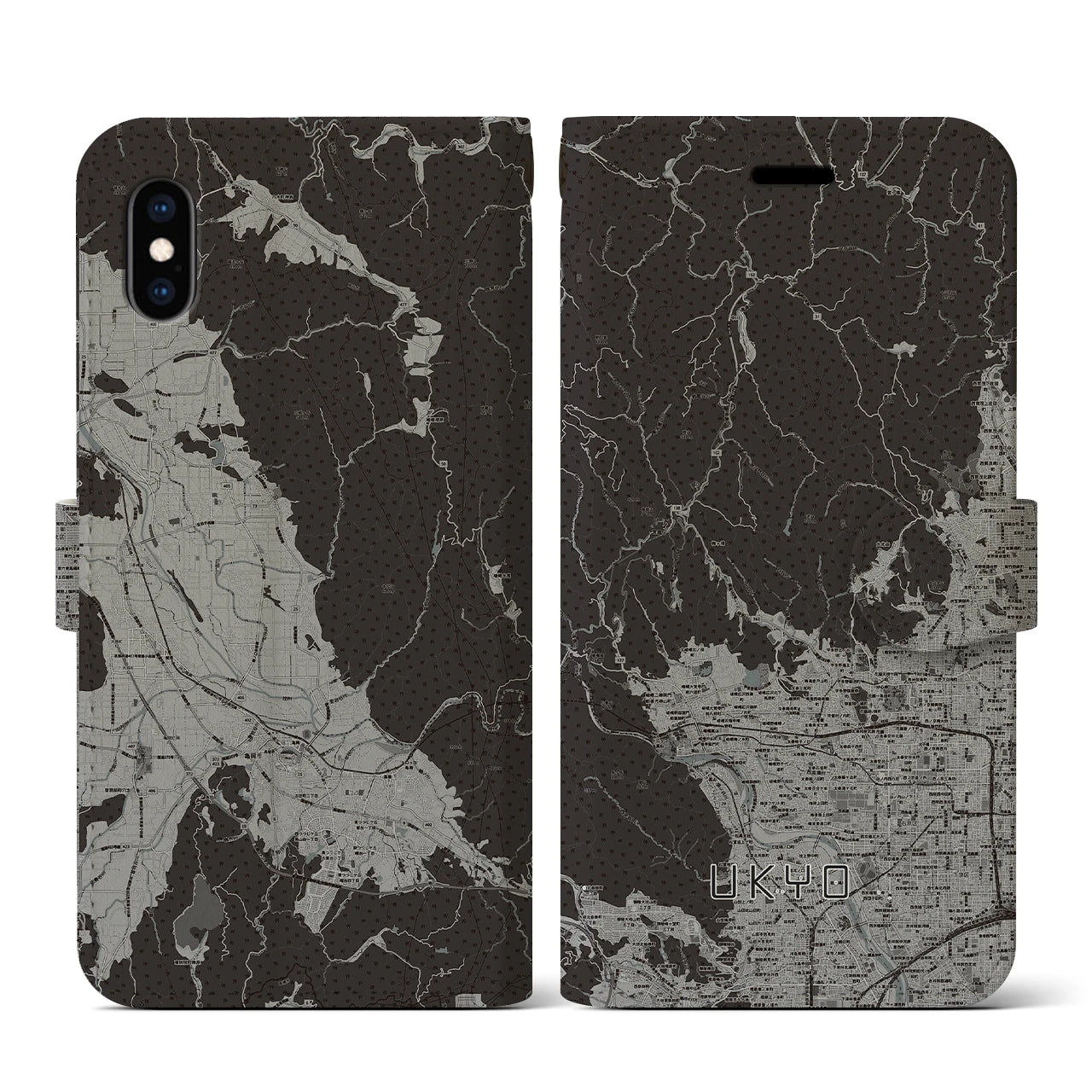 【右京(京都府)】地図柄iPhoneケース(手帳タイプ)モノトーン・iPhone XS / X 用