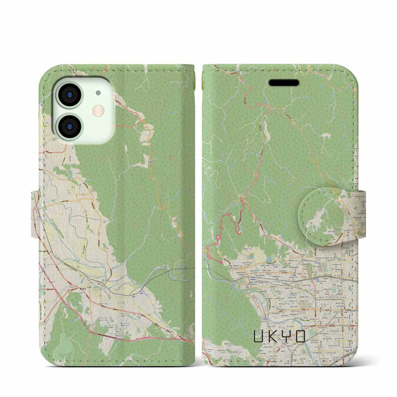 【右京(京都府)】地図柄iPhoneケース(手帳タイプ)ナチュラル・iPhone 12 mini 用
