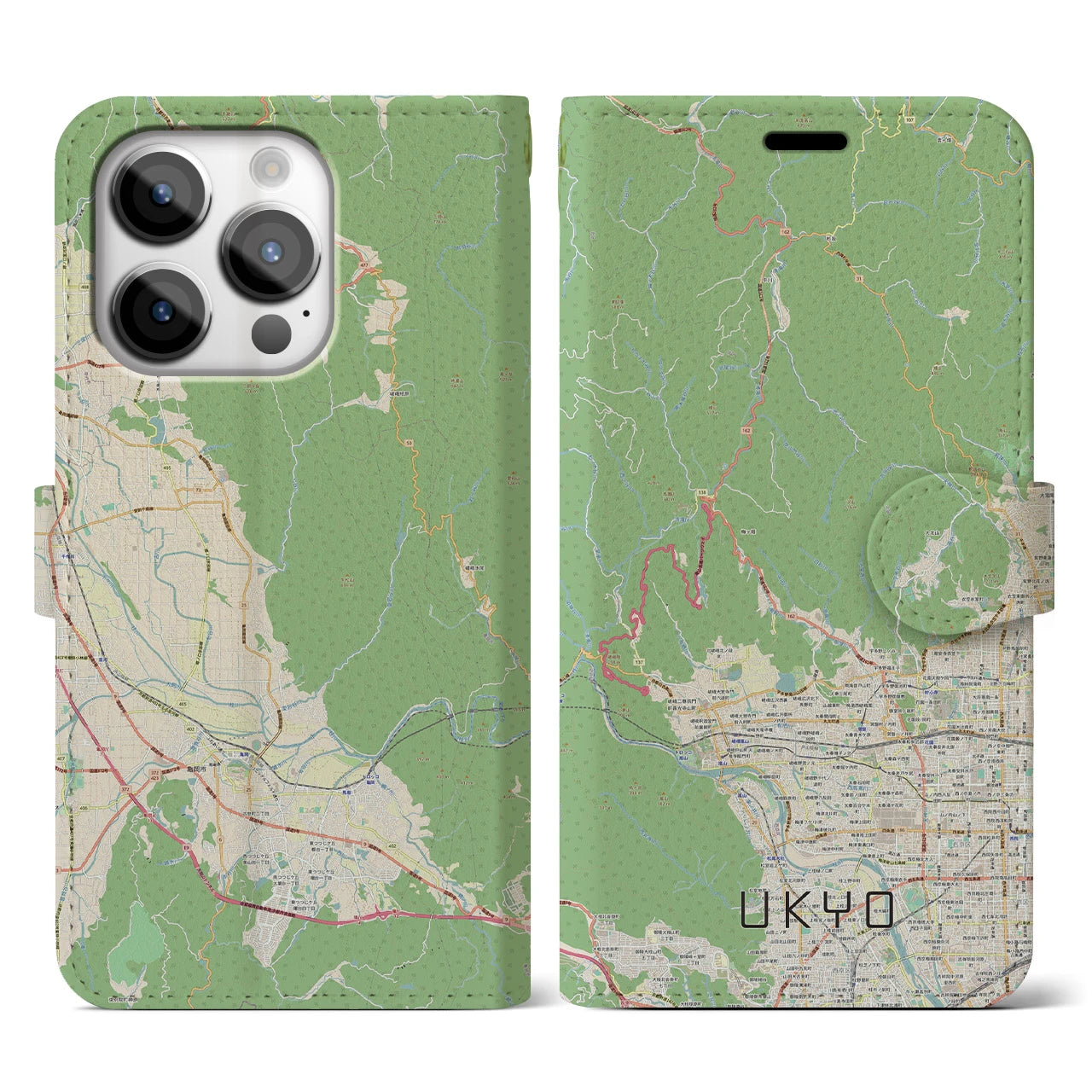 【右京(京都府)】地図柄iPhoneケース(手帳タイプ)ナチュラル・iPhone 14 Pro 用