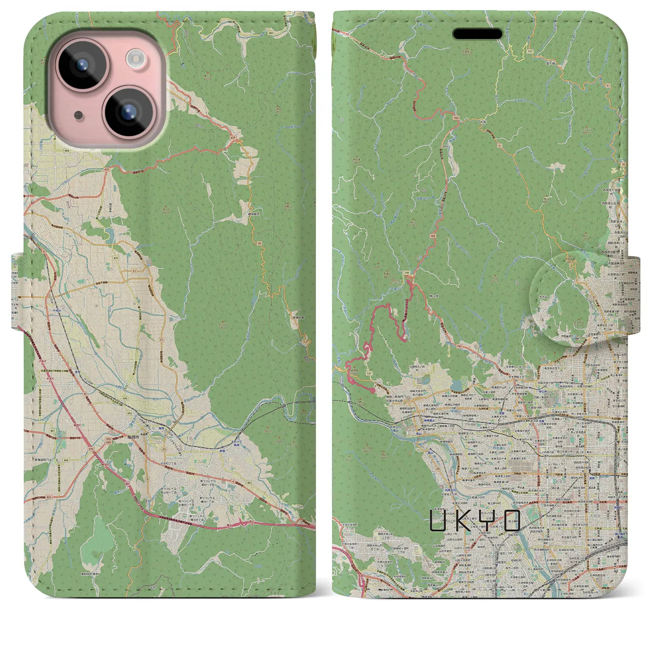 【右京(京都府)】地図柄iPhoneケース(手帳タイプ)ナチュラル・iPhone 15 Plus 用