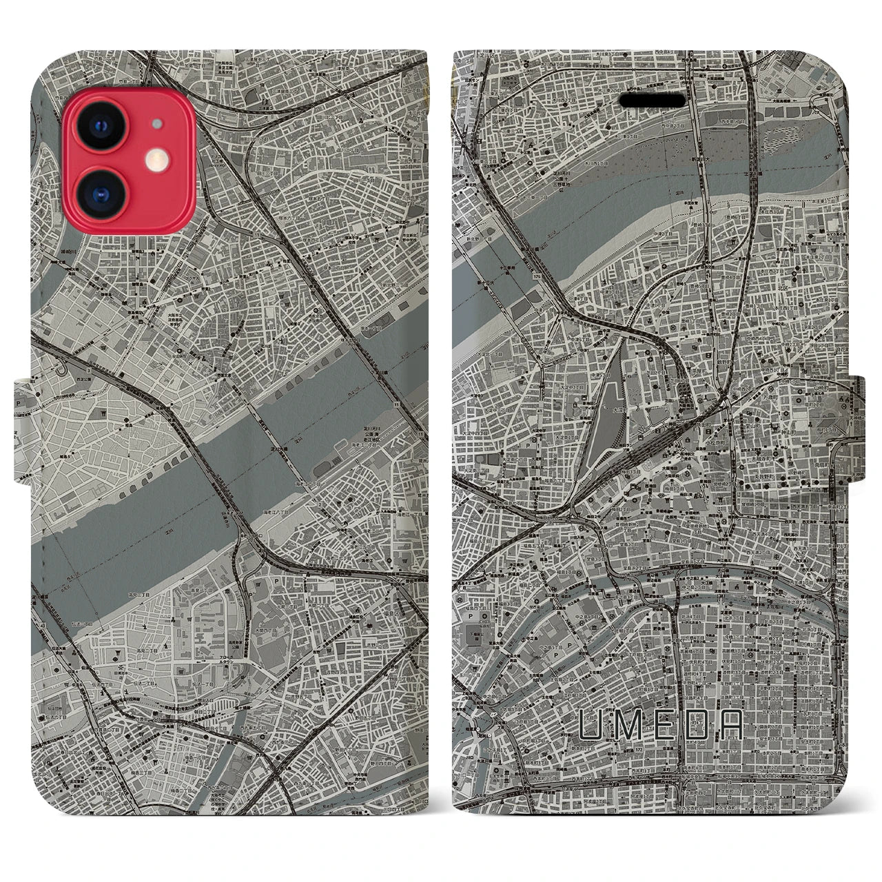 【梅田(大阪府)】地図柄iPhoneケース(手帳タイプ)モノトーン・iPhone 11 用