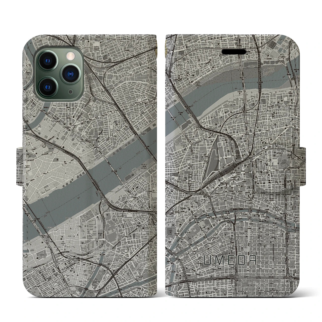【梅田(大阪府)】地図柄iPhoneケース(手帳タイプ)モノトーン・iPhone 11 Pro 用