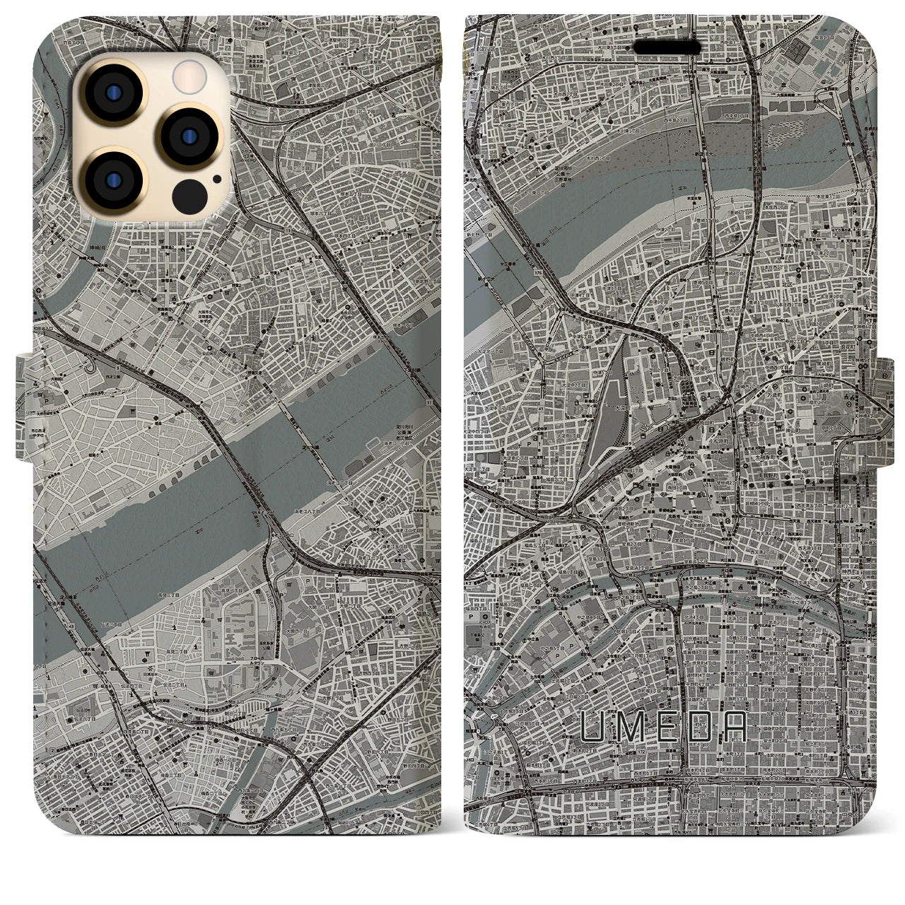 【梅田(大阪府)】地図柄iPhoneケース(手帳タイプ)モノトーン・iPhone 12 Pro Max 用