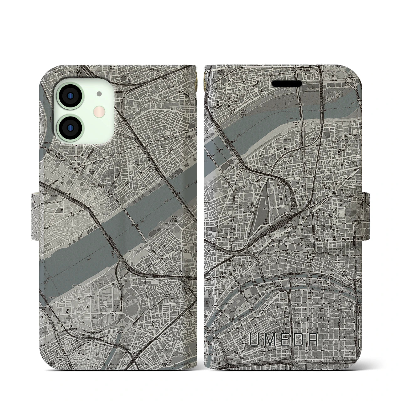 【梅田(大阪府)】地図柄iPhoneケース(手帳タイプ)モノトーン・iPhone 12 mini 用