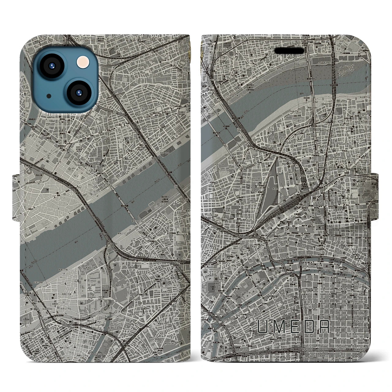 【梅田(大阪府)】地図柄iPhoneケース(手帳タイプ)モノトーン・iPhone 13 用