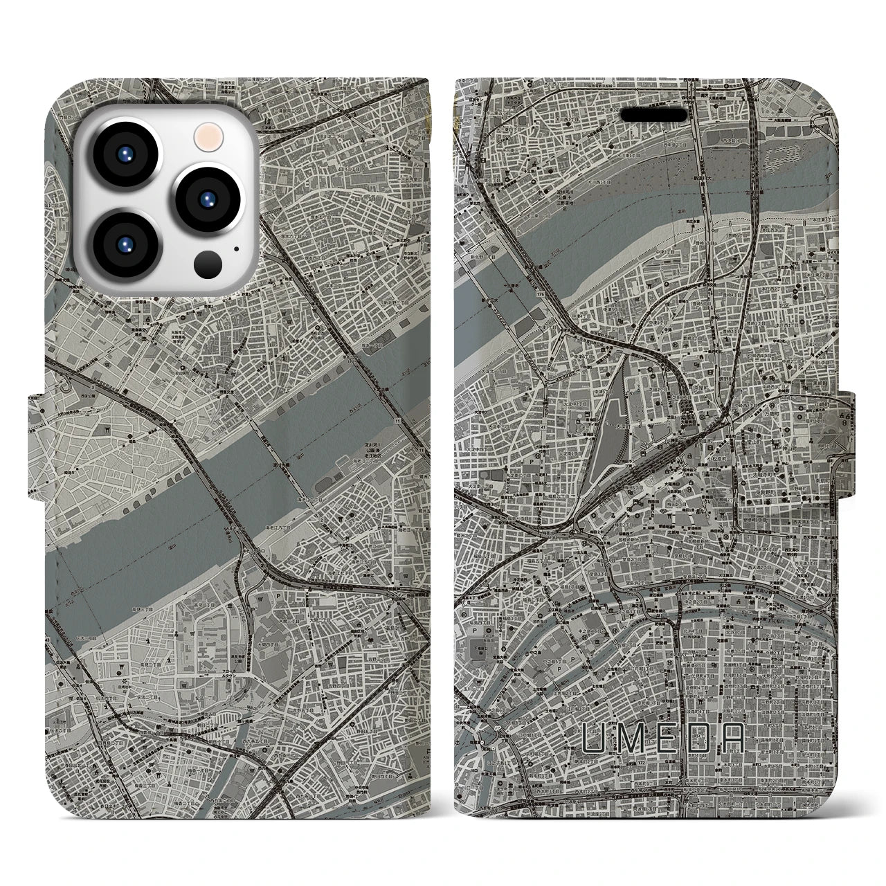 【梅田(大阪府)】地図柄iPhoneケース(手帳タイプ)モノトーン・iPhone 13 Pro 用