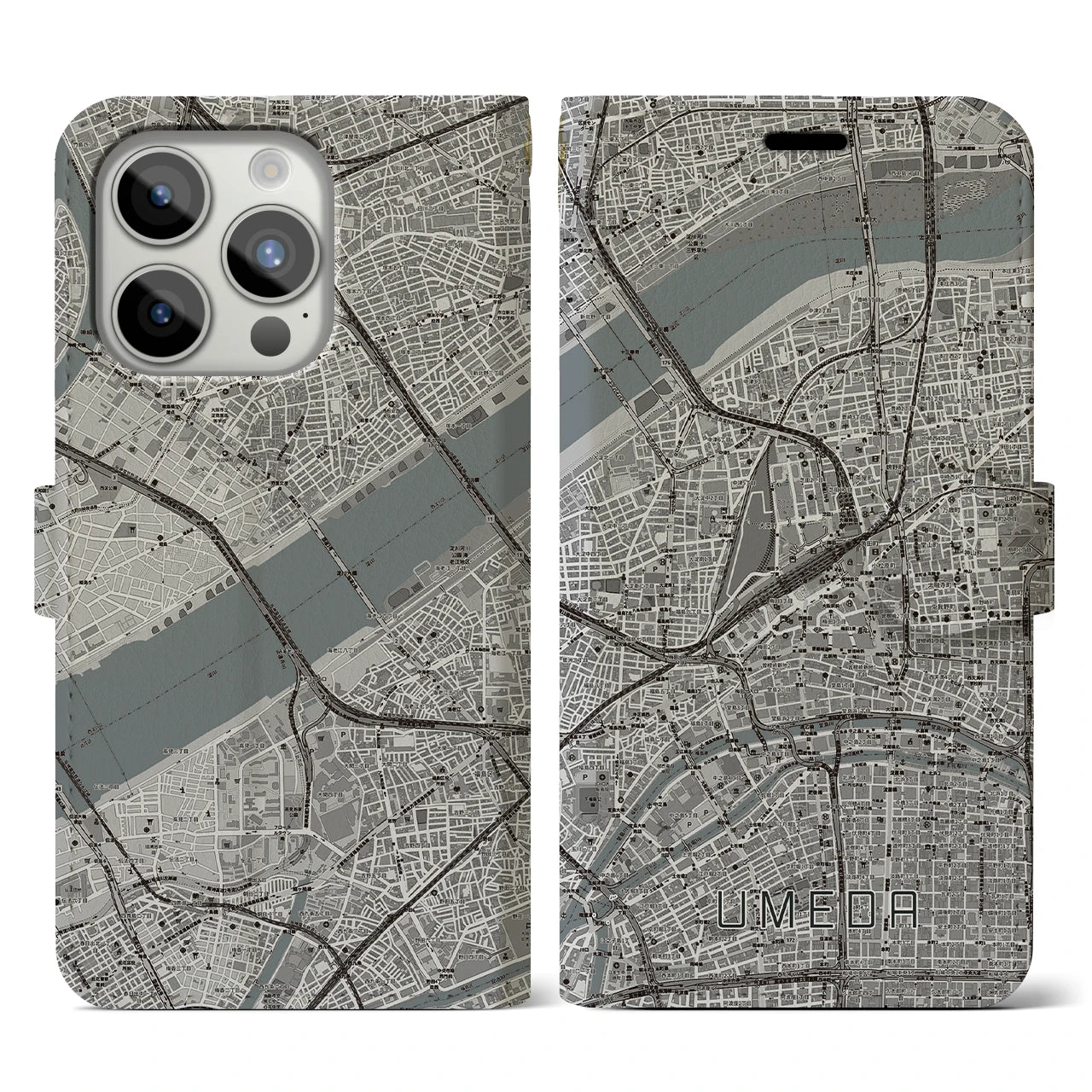 【梅田(大阪府)】地図柄iPhoneケース(手帳タイプ)モノトーン・iPhone 15 Pro 用