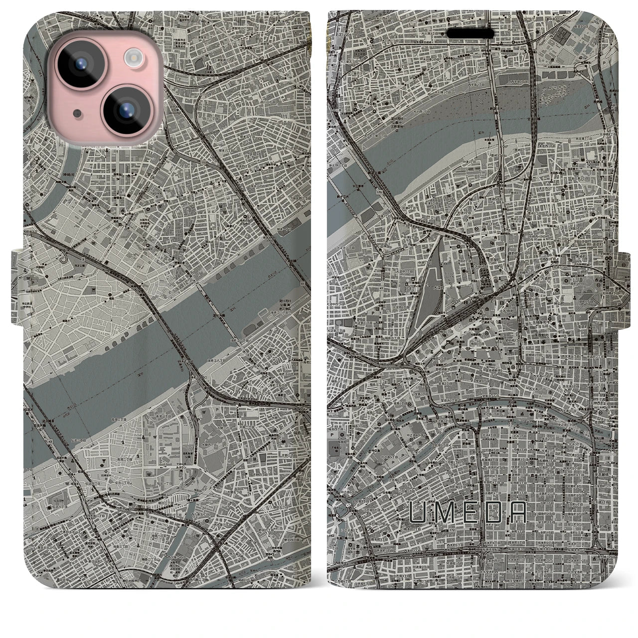 【梅田(大阪府)】地図柄iPhoneケース(手帳タイプ)モノトーン・iPhone 15 Plus 用