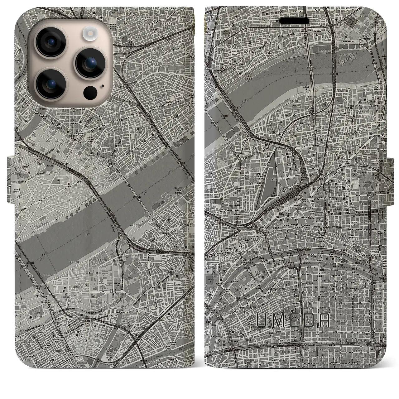 【梅田(大阪府)】地図柄iPhoneケース(手帳タイプ)モノトーン・iPhone 16 Plus 用