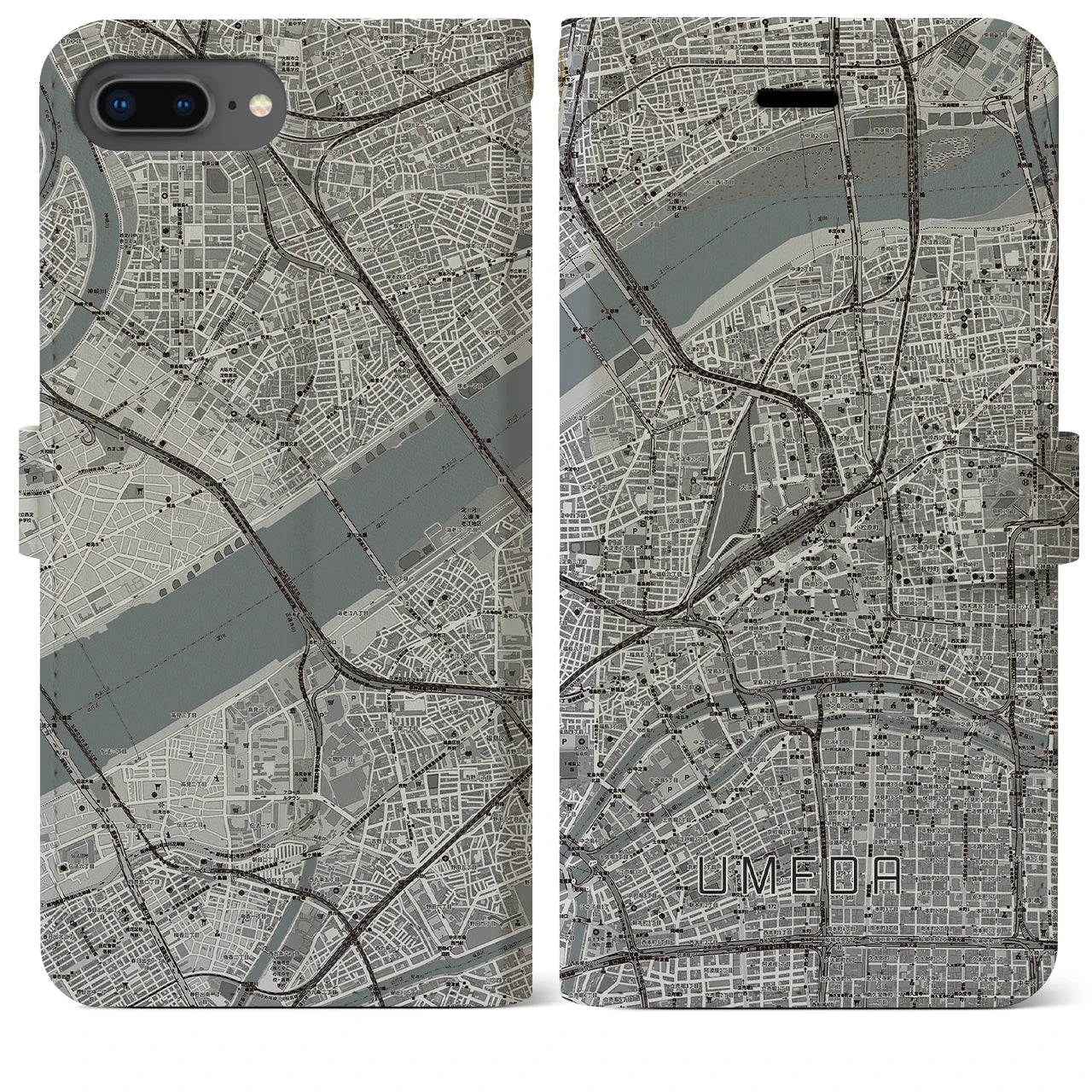 【梅田(大阪府)】地図柄iPhoneケース(手帳タイプ)モノトーン・iPhone 8Plus /7Plus / 6sPlus / 6Plus 用