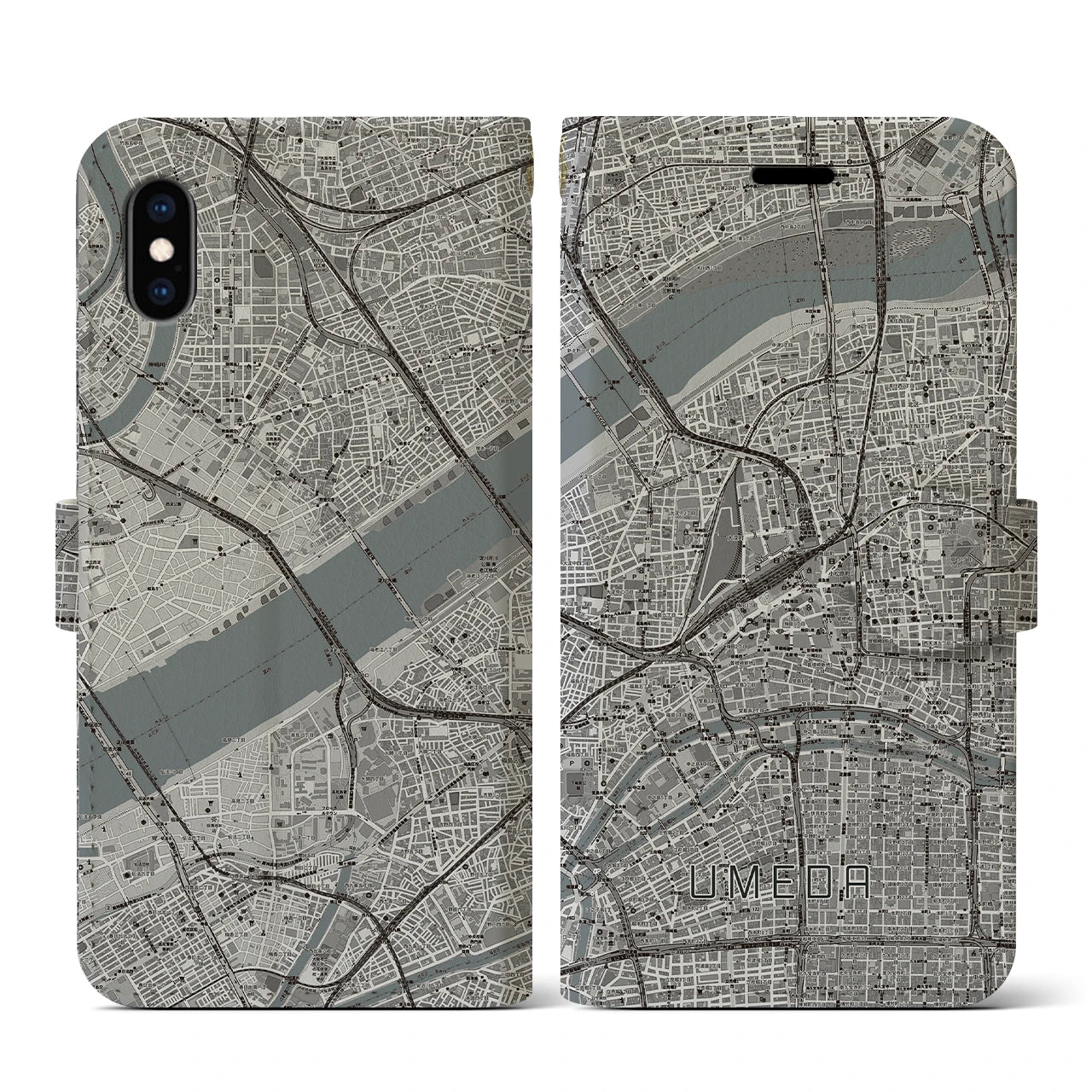 【梅田(大阪府)】地図柄iPhoneケース(手帳タイプ)モノトーン・iPhone XS / X 用