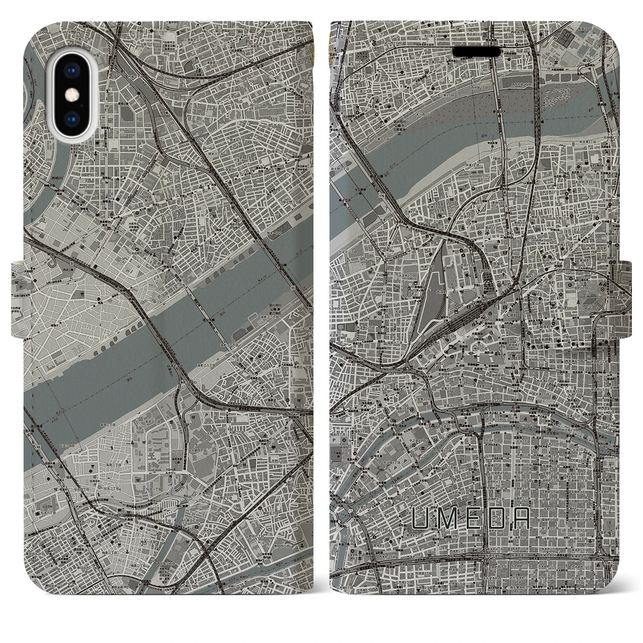 【梅田(大阪府)】地図柄iPhoneケース(手帳タイプ)モノトーン・iPhone XS Max 用