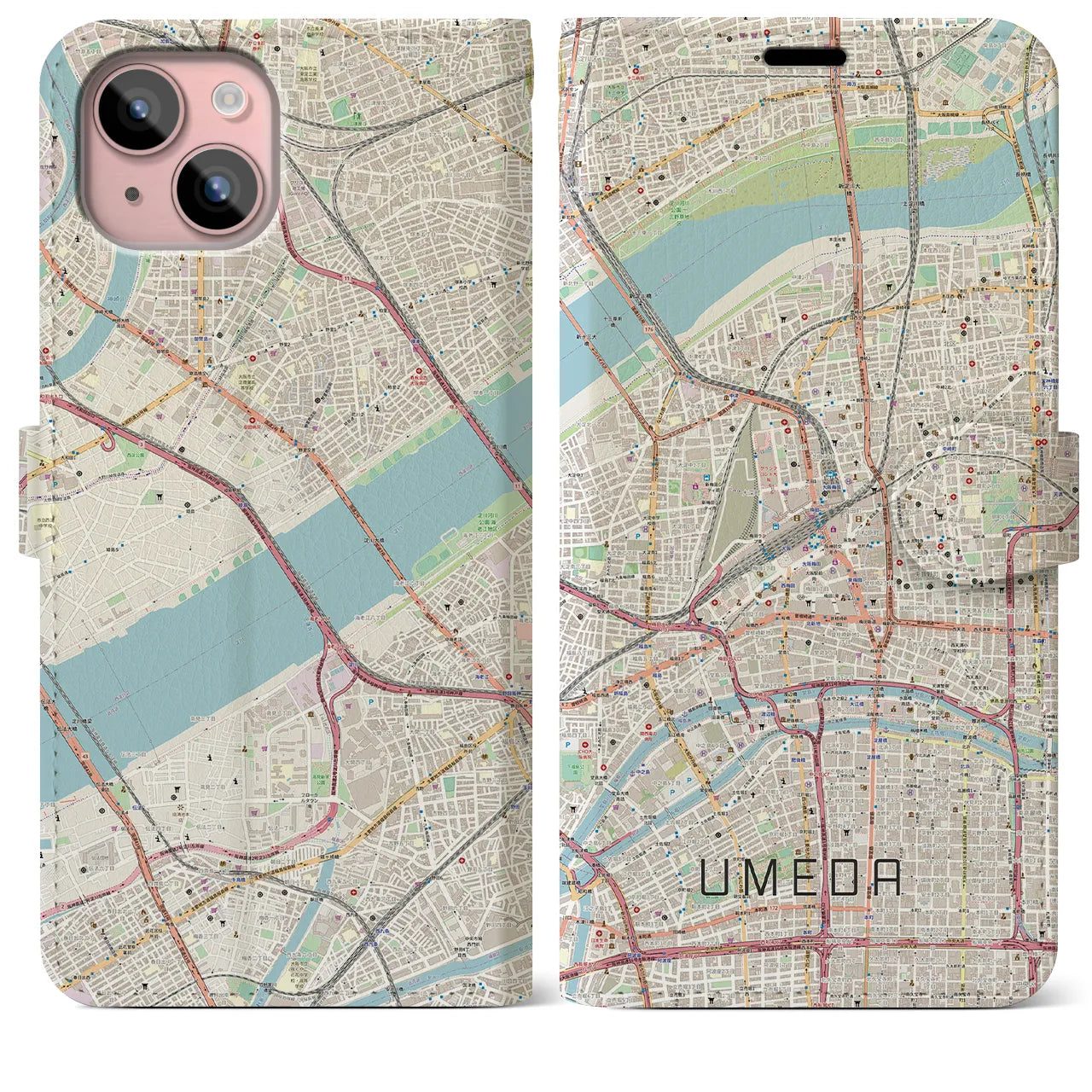 【梅田(大阪府)】地図柄iPhoneケース(手帳タイプ)ナチュラル・iPhone 15 Plus 用