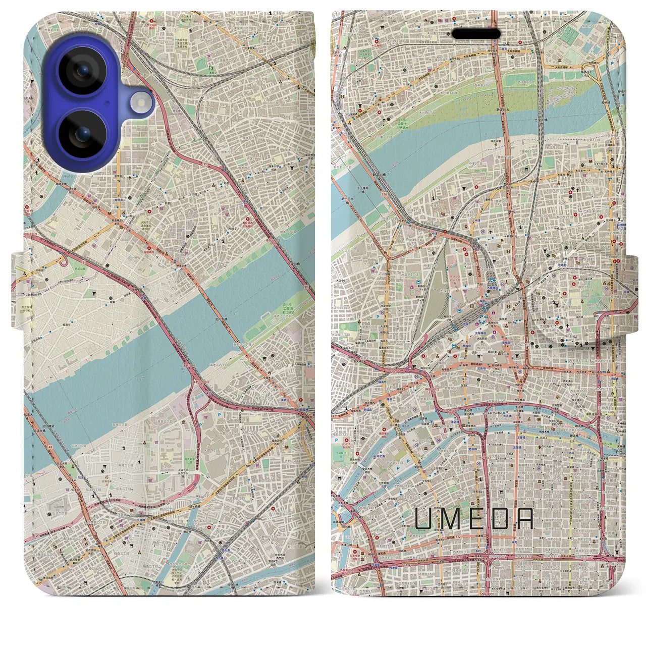 【梅田(大阪府)】地図柄iPhoneケース(手帳タイプ)ナチュラル・iPhone 16 Pro Max 用