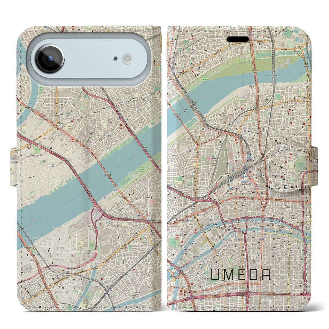 【梅田(大阪府)】地図柄iPhoneケース(手帳タイプ)ナチュラル・iPhone 17 Pro Max 用