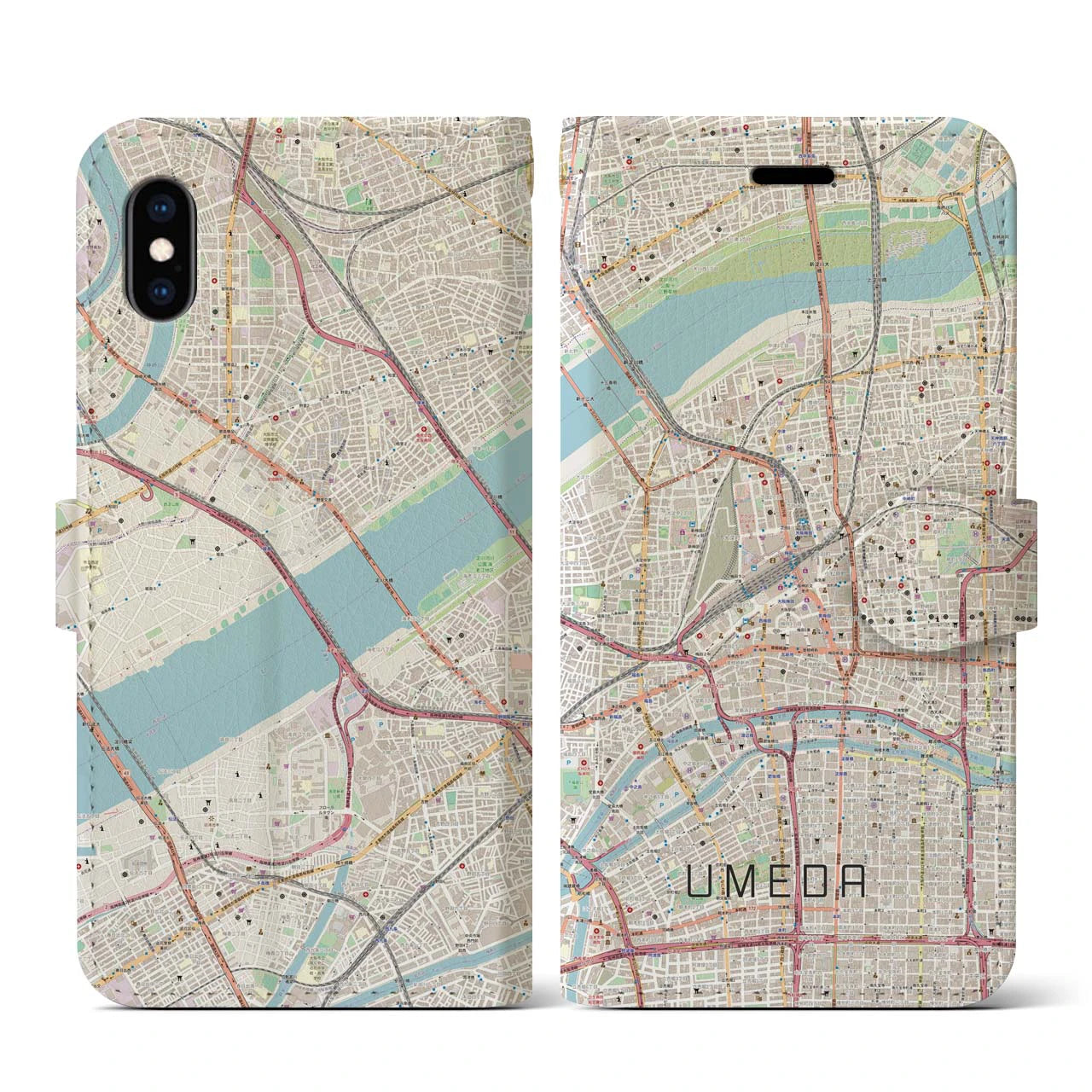 【梅田(大阪府)】地図柄iPhoneケース(手帳タイプ)ナチュラル・iPhone XS / X 用
