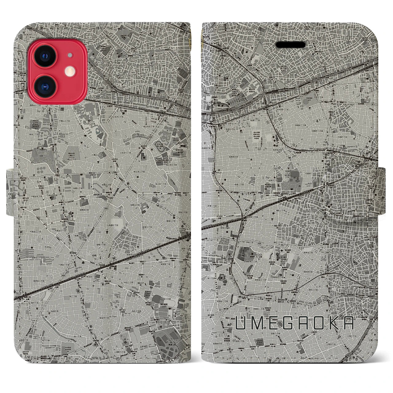 【梅ヶ丘(東京都)】地図柄iPhoneケース(手帳タイプ)モノトーン・iPhone 11 用