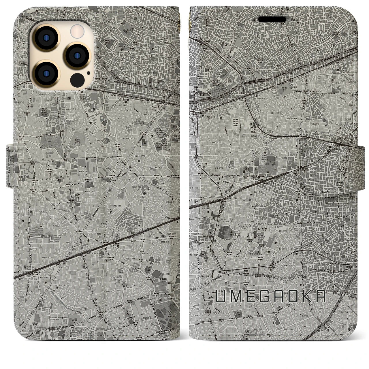 【梅ヶ丘(東京都)】地図柄iPhoneケース(手帳タイプ)モノトーン・iPhone 12 Pro Max 用