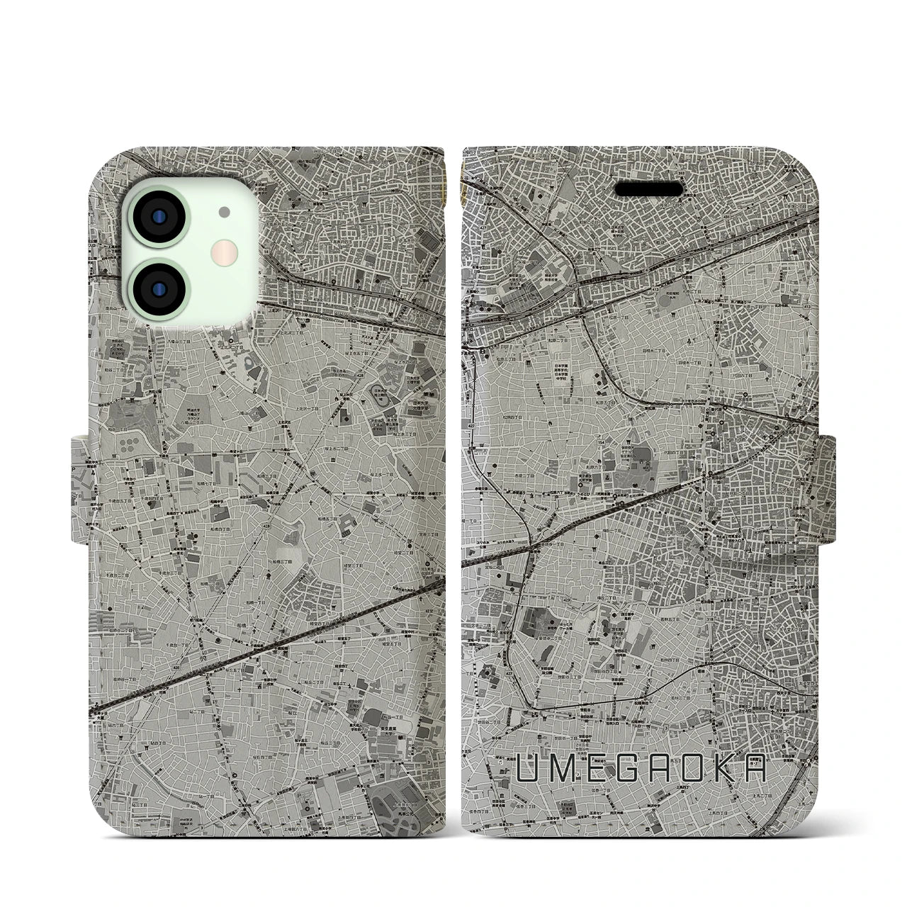 【梅ヶ丘(東京都)】地図柄iPhoneケース(手帳タイプ)モノトーン・iPhone 12 mini 用