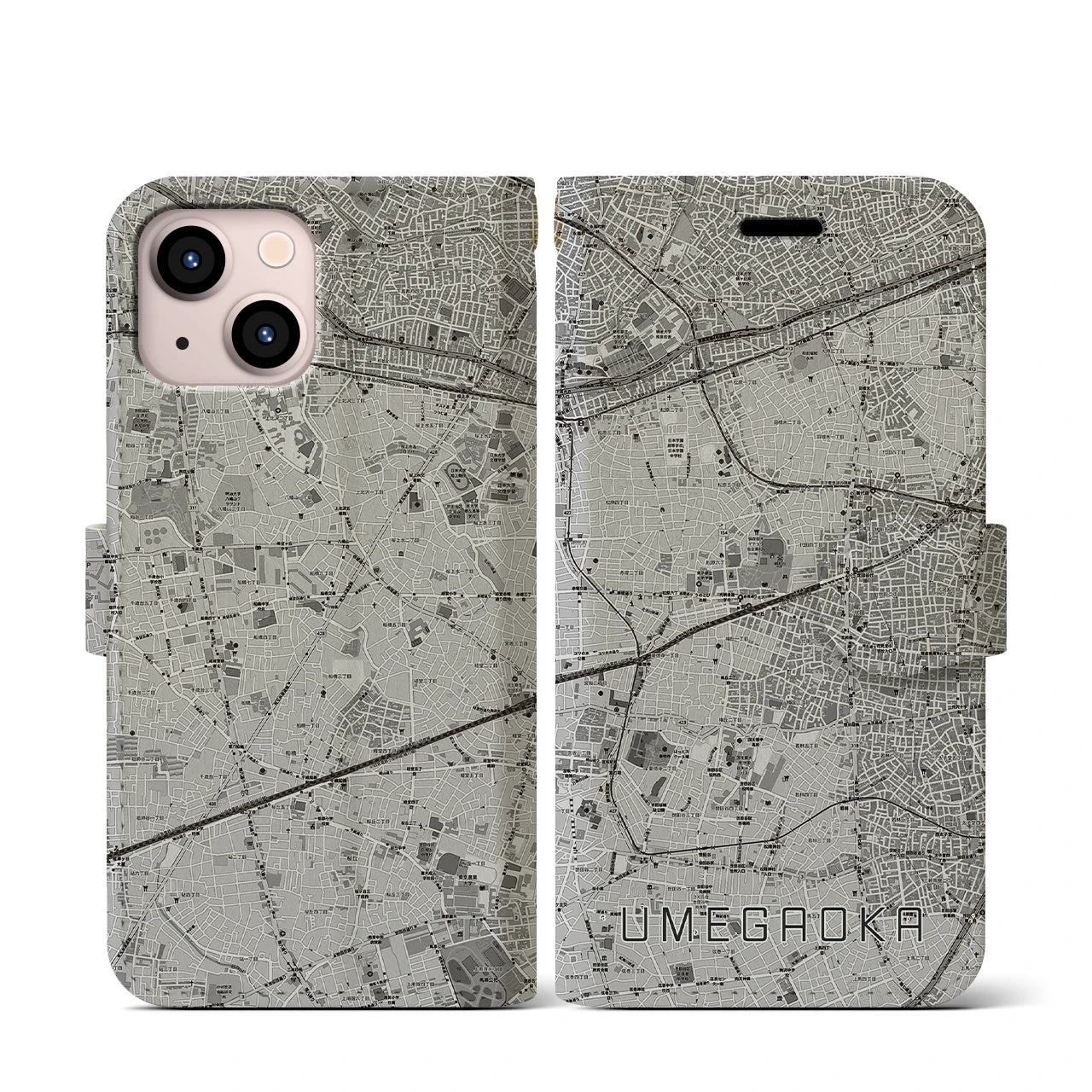 【梅ヶ丘(東京都)】地図柄iPhoneケース(手帳タイプ)モノトーン・iPhone 13 mini 用