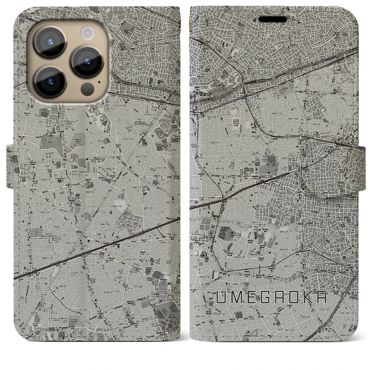 【梅ヶ丘(東京都)】地図柄iPhoneケース(手帳タイプ)モノトーン・iPhone 14 Pro Max 用