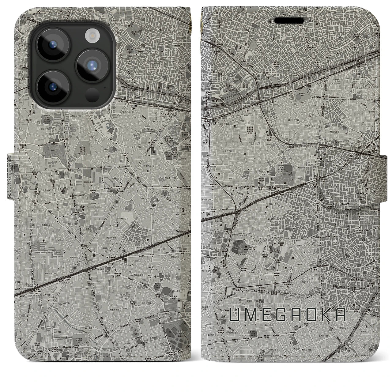 【梅ヶ丘(東京都)】地図柄iPhoneケース(手帳タイプ)モノトーン・iPhone 15 Pro Max 用