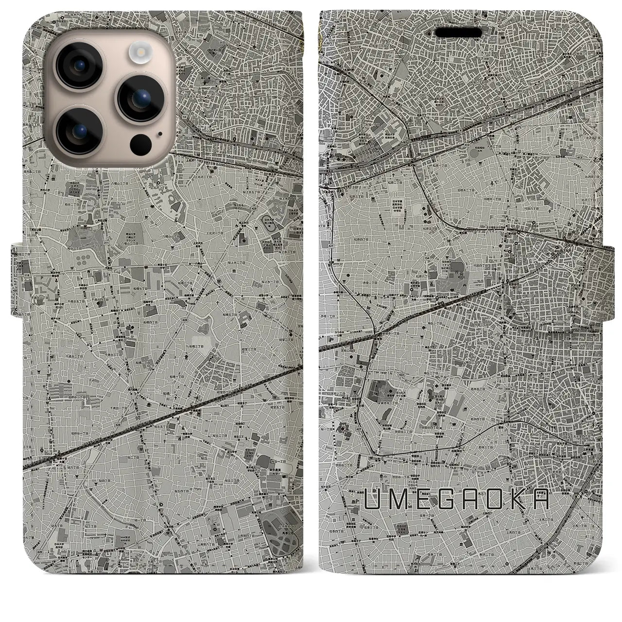 【梅ヶ丘(東京都)】地図柄iPhoneケース(手帳タイプ)モノトーン・iPhone 16 Plus 用