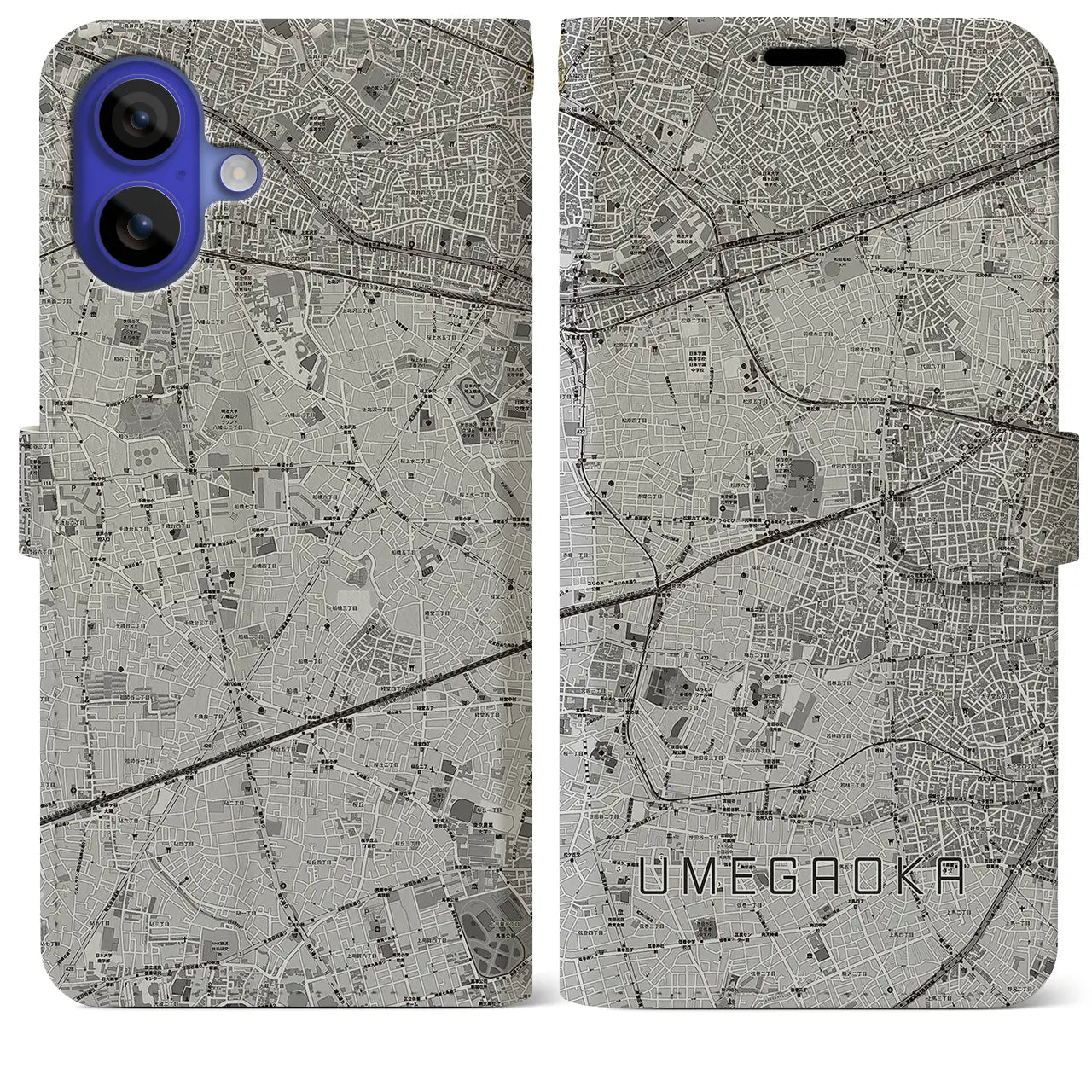 【梅ヶ丘(東京都)】地図柄iPhoneケース(手帳タイプ)モノトーン・iPhone 16 Pro Max 用