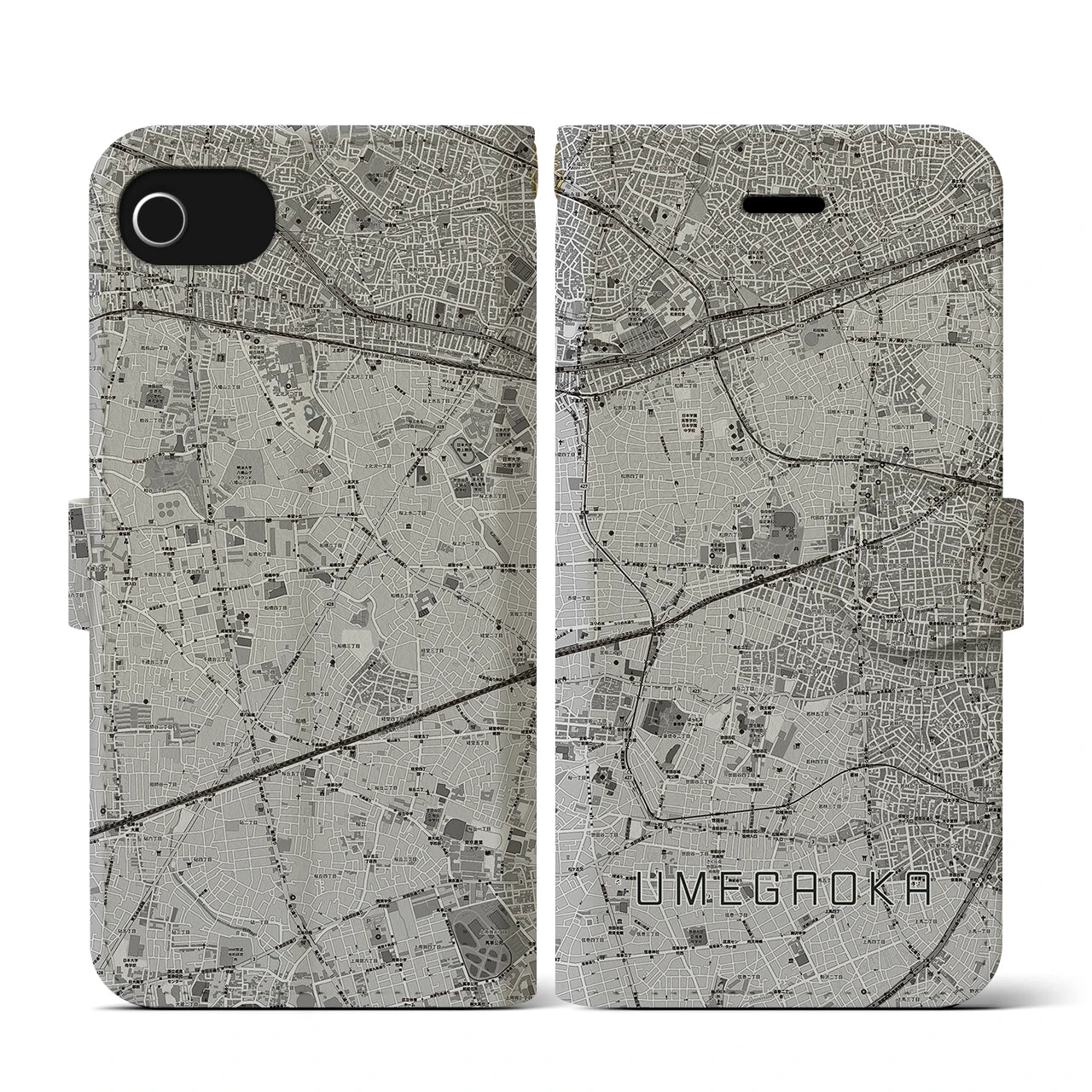 【梅ヶ丘(東京都)】地図柄iPhoneケース(手帳タイプ)モノトーン・iPhone SE(第3 / 第2世代) / 8 / 7 / 6s / 6 用
