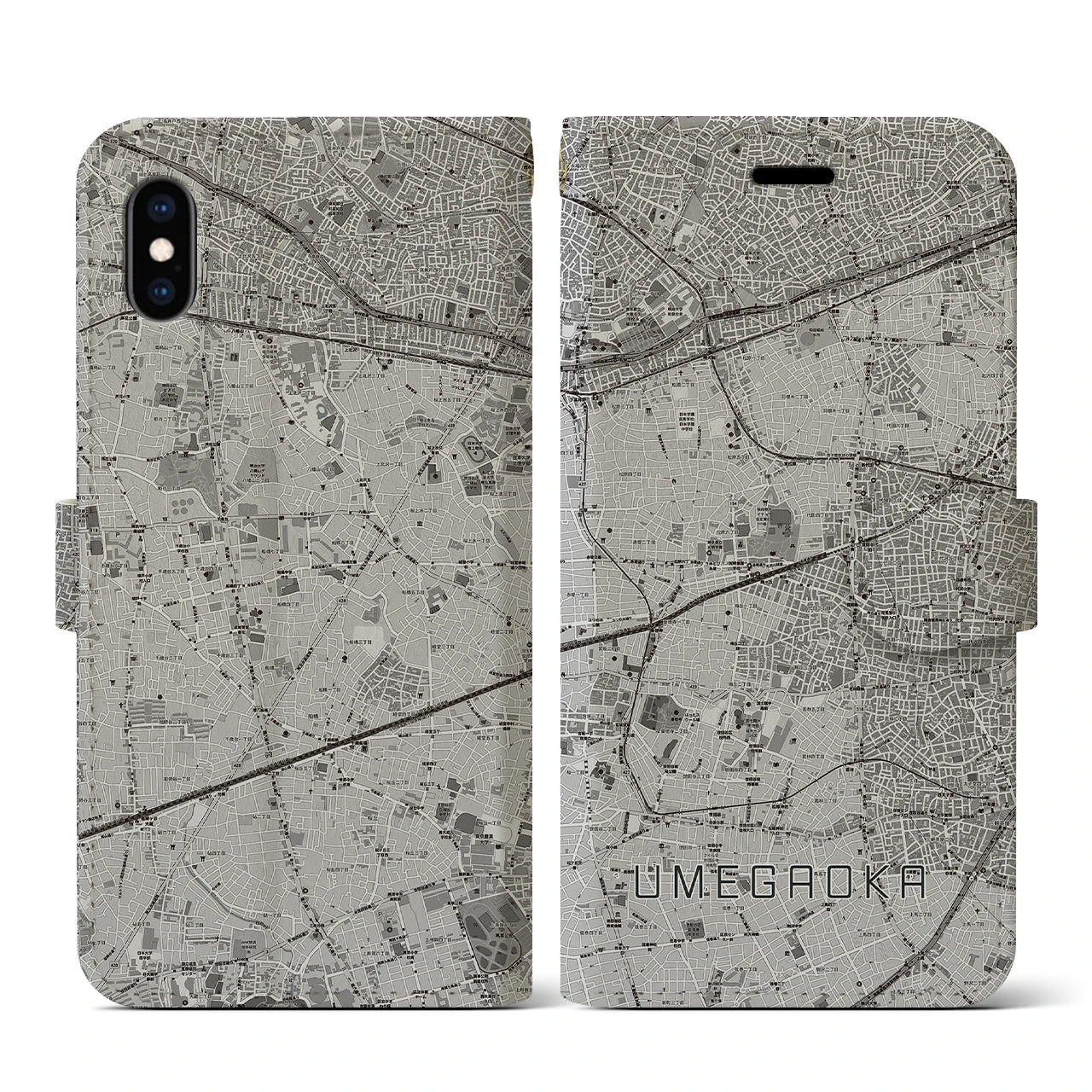 【梅ヶ丘(東京都)】地図柄iPhoneケース(手帳タイプ)モノトーン・iPhone XS / X 用