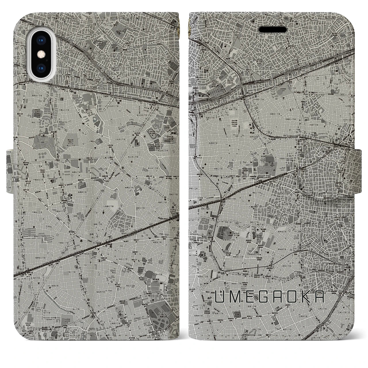 【梅ヶ丘(東京都)】地図柄iPhoneケース(手帳タイプ)モノトーン・iPhone XS Max 用