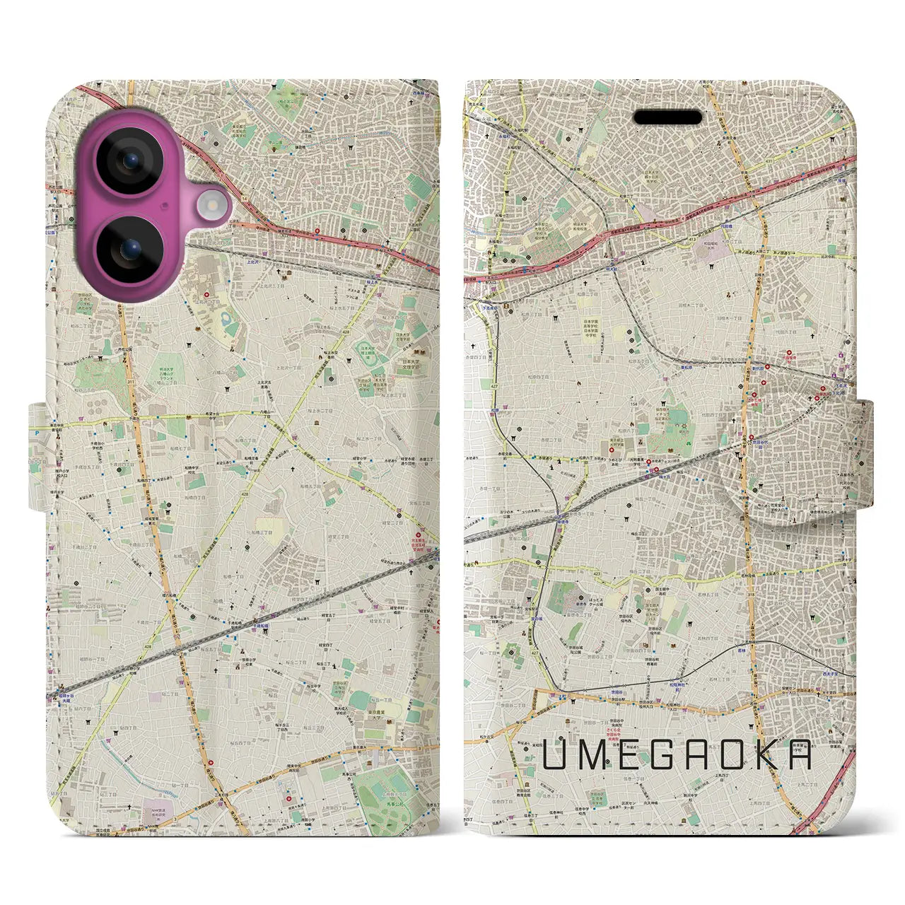 【梅ヶ丘(東京都)】地図柄iPhoneケース(手帳タイプ)ナチュラル・iPhone 16 Pro 用