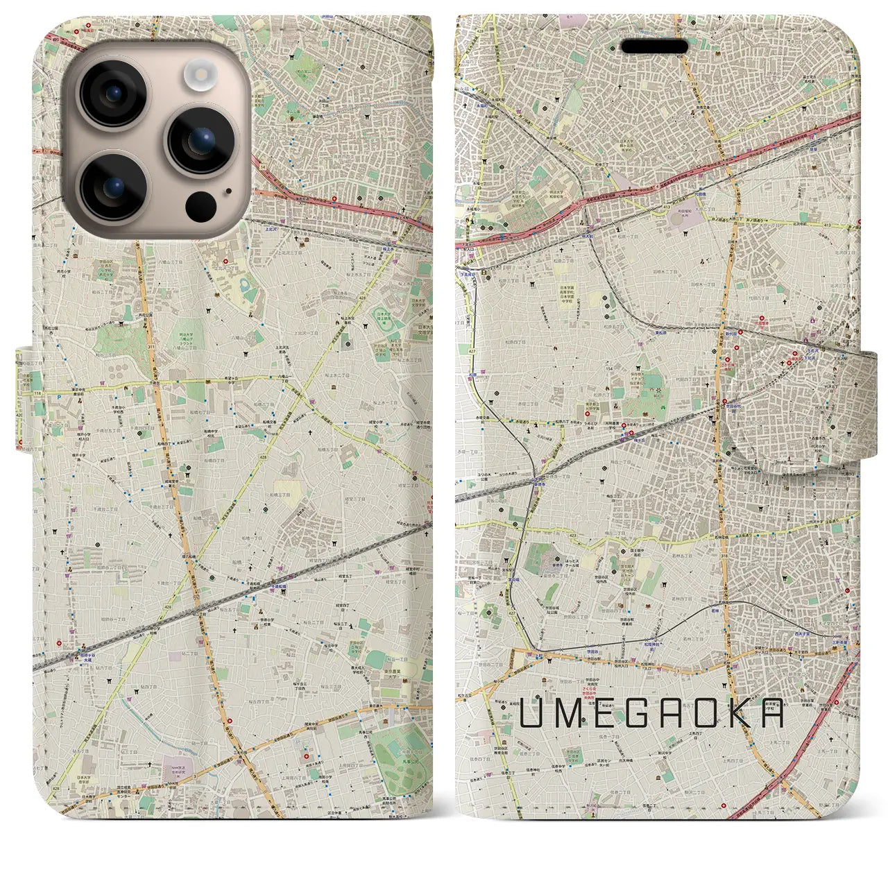 【梅ヶ丘(東京都)】地図柄iPhoneケース(手帳タイプ)ナチュラル・iPhone 16 Plus 用