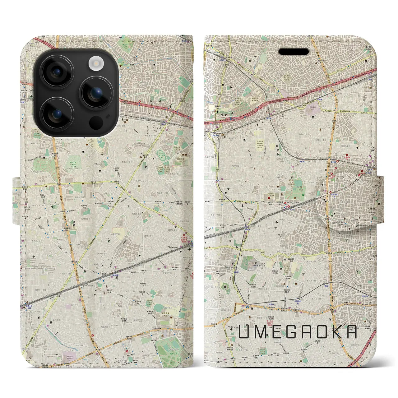 【梅ヶ丘(東京都)】地図柄iPhoneケース(手帳タイプ)ナチュラル・iPhone 16 用