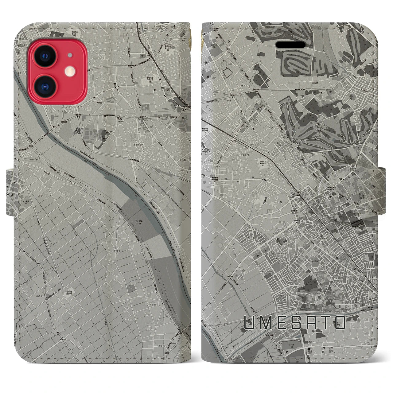 【梅郷(千葉県)】地図柄iPhoneケース(手帳タイプ)モノトーン・iPhone 11 用