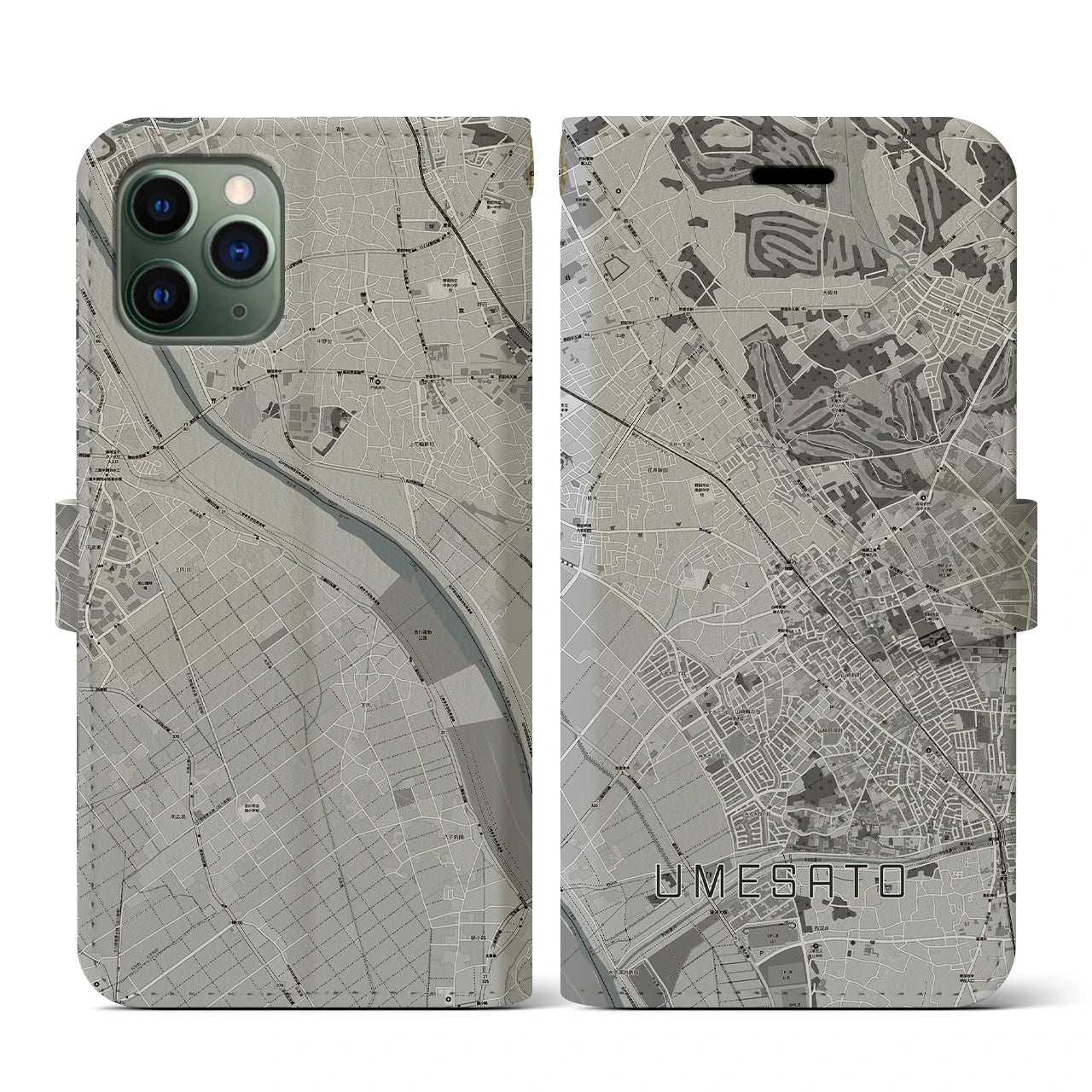 【梅郷(千葉県)】地図柄iPhoneケース(手帳タイプ)モノトーン・iPhone 11 Pro 用