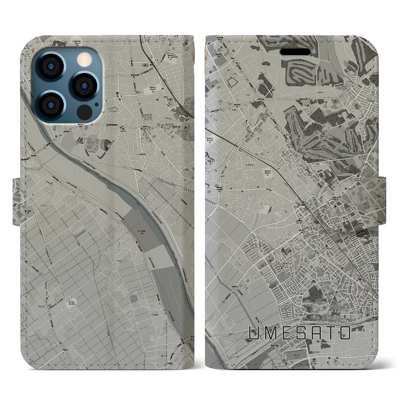 【梅郷(千葉県)】地図柄iPhoneケース(手帳タイプ)モノトーン・iPhone 12 / 12 Pro 用