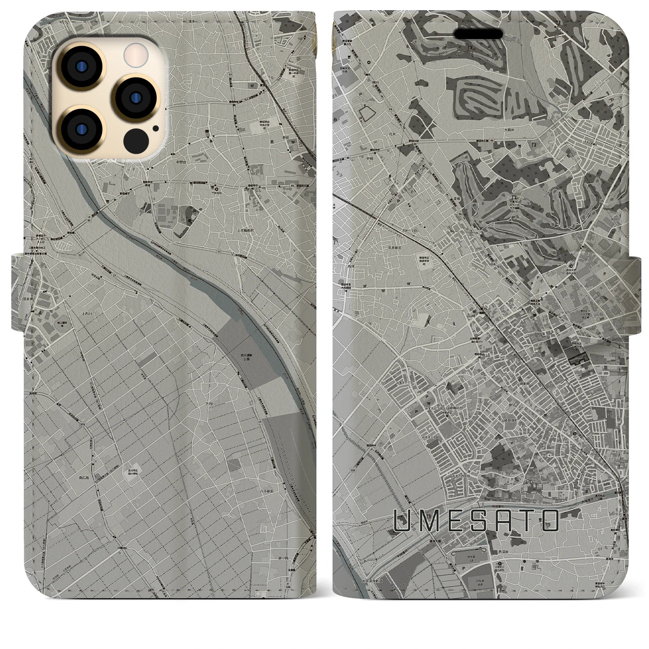 【梅郷(千葉県)】地図柄iPhoneケース(手帳タイプ)モノトーン・iPhone 12 Pro Max 用