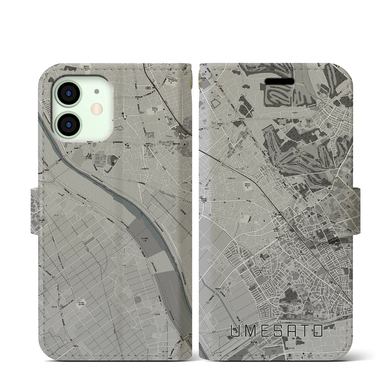 【梅郷(千葉県)】地図柄iPhoneケース(手帳タイプ)モノトーン・iPhone 12 mini 用