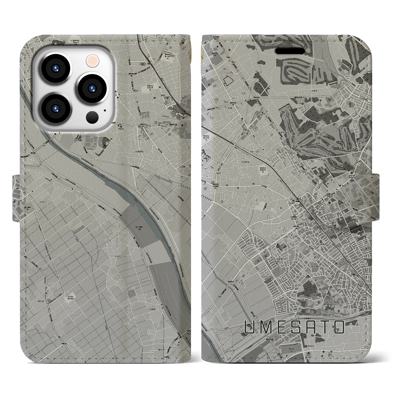 【梅郷(千葉県)】地図柄iPhoneケース(手帳タイプ)モノトーン・iPhone 13 Pro 用