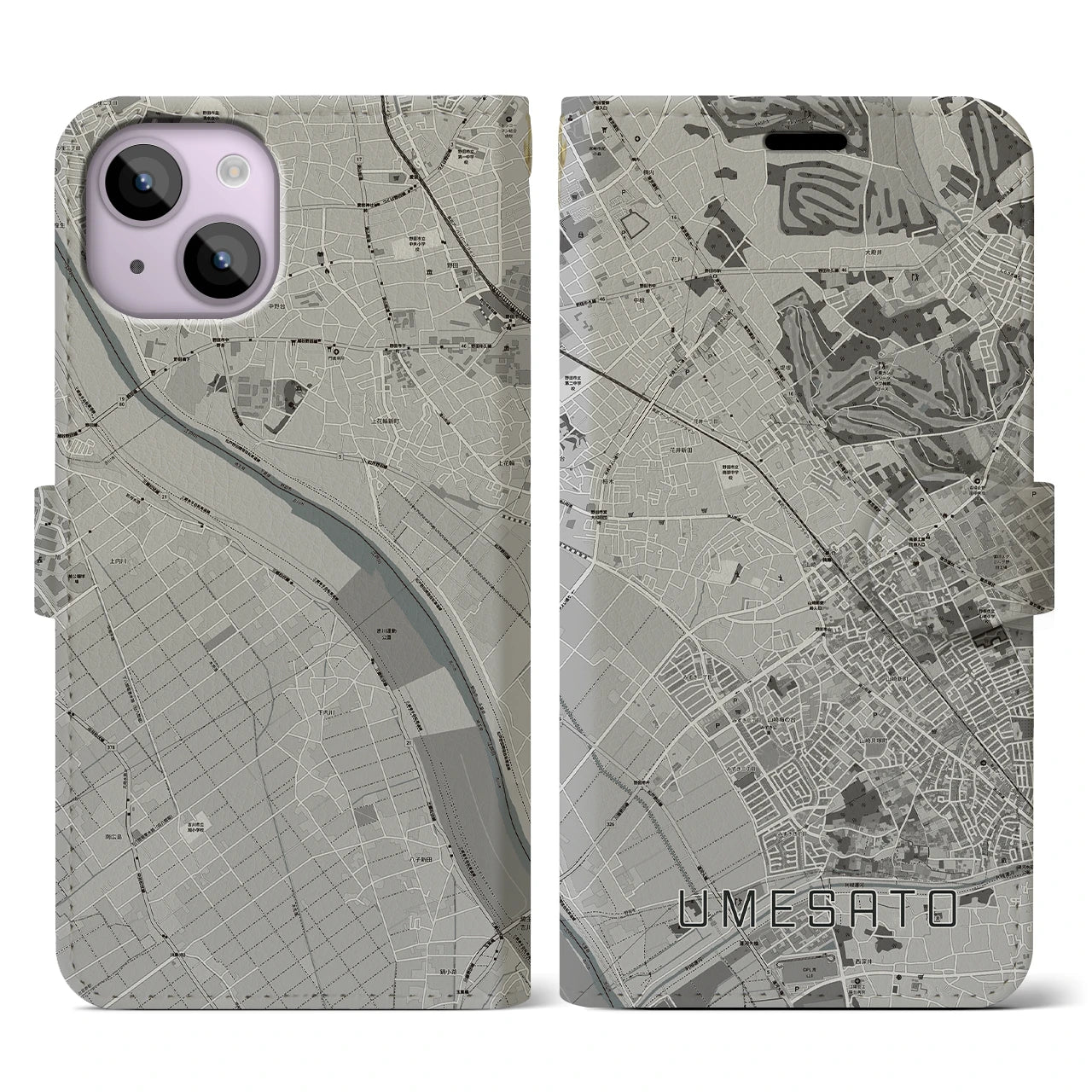 【梅郷(千葉県)】地図柄iPhoneケース(手帳タイプ)モノトーン・iPhone 14 用