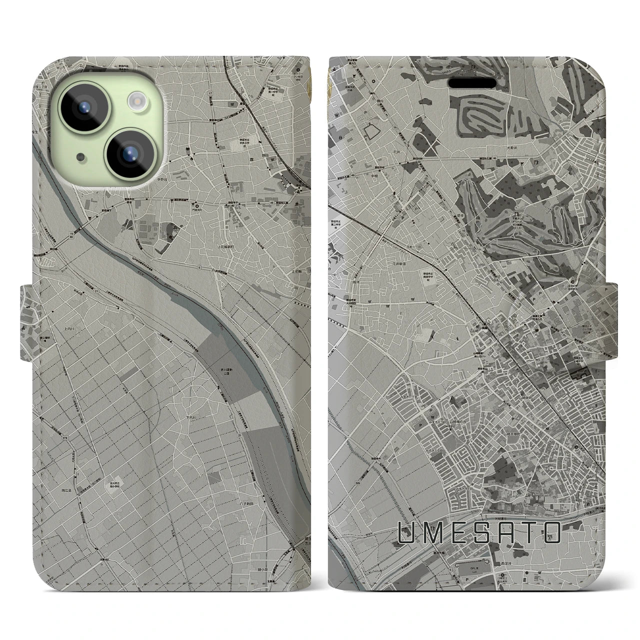 【梅郷(千葉県)】地図柄iPhoneケース(手帳タイプ)モノトーン・iPhone 15 用