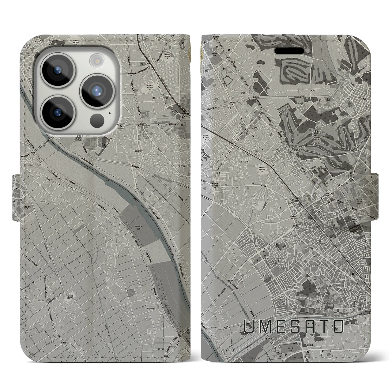 【梅郷(千葉県)】地図柄iPhoneケース(手帳タイプ)モノトーン・iPhone 15 Pro 用